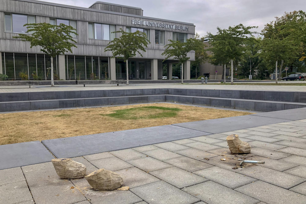 Nur drei Füße und ein Stahlstab sind von der Holzfigur Trickster noch übrig, nachdem Unbekannte Anfang September versucht hatten, das Kunst-am-Bau-Projekt zu stehlen.