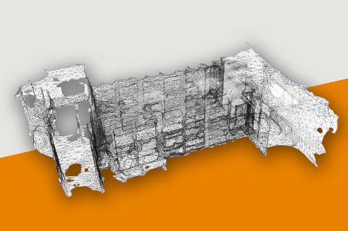 Der 3D-Scan zeigt das Depot des Ethnologischen Museums im Humboldt Forum als Netzstruktur.