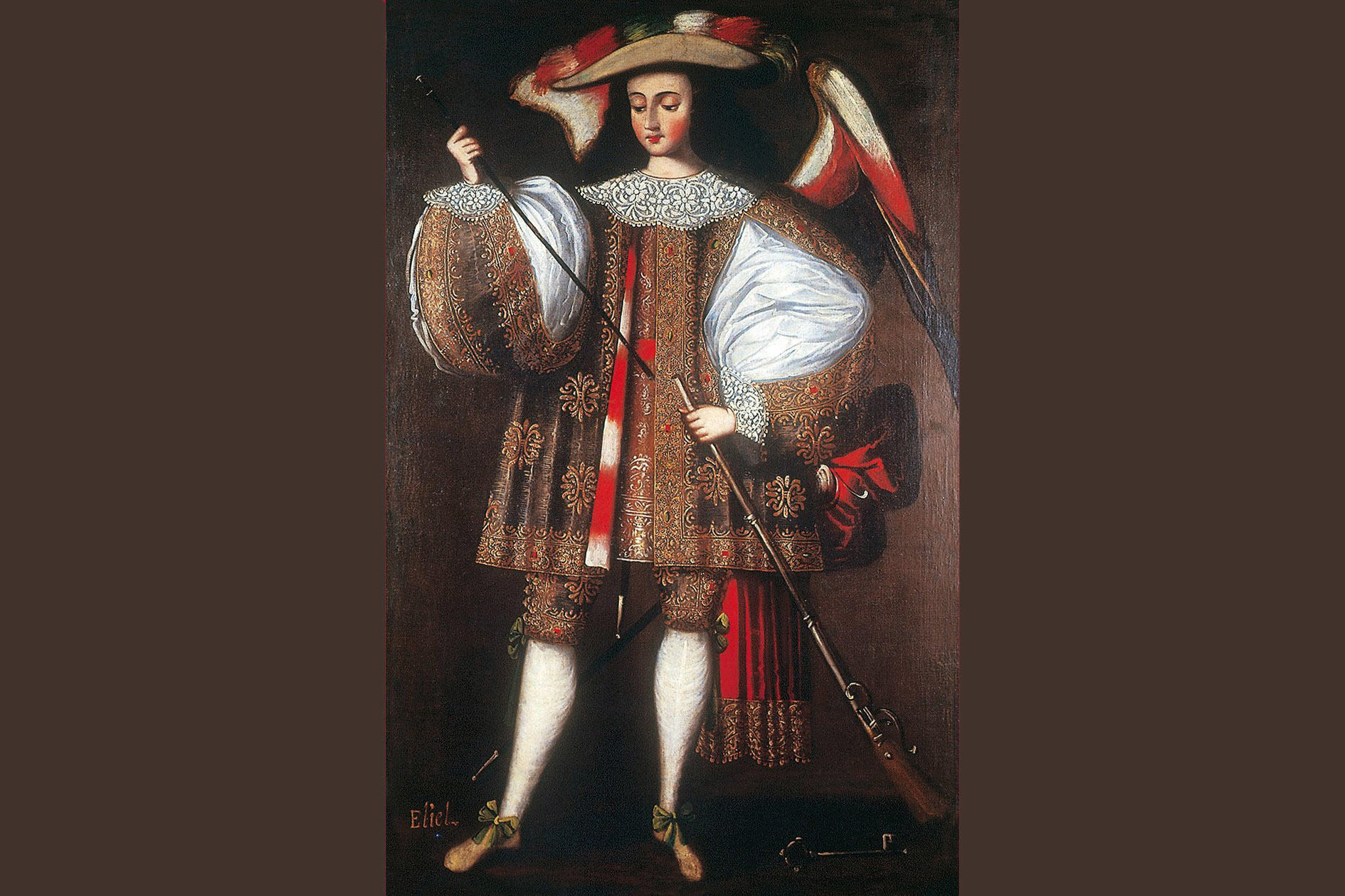 Erzengel Eliel mit einer Arkebuse. Das Gemälde verbindet christliche und indigene Symbolik. Zugleich lässt sich die Darstellung der christlichen Figur in der eleganten Kleidung eines spanischen Artillerieoffiziers als Teil einer visuellen Legitimatio