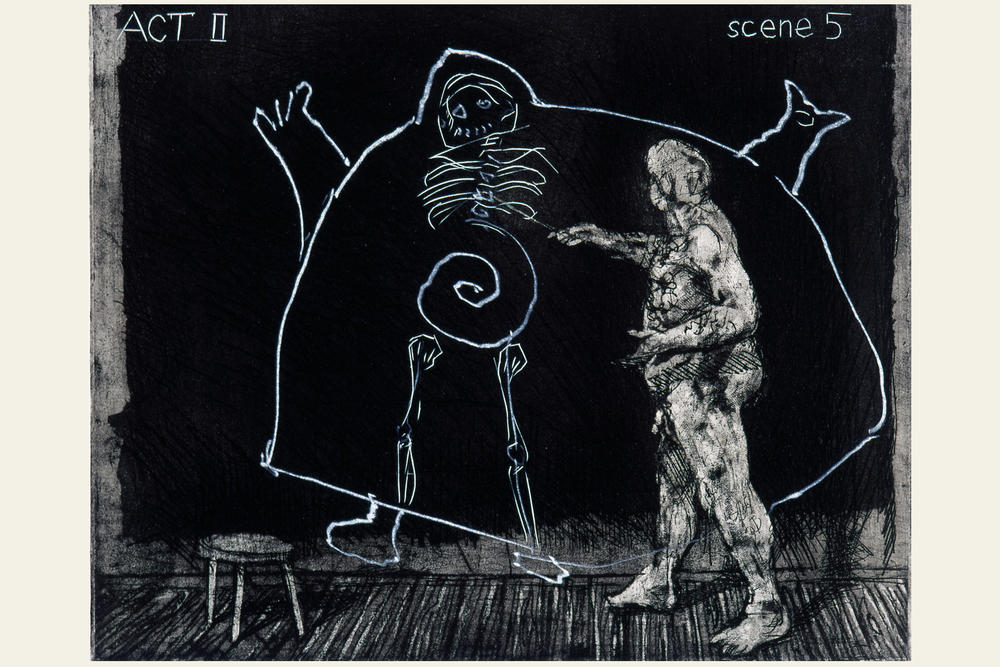 William Kentridge: Blatt aus: Ubu Tells the Truth, 1996/97. Radierung