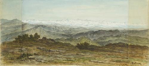 A Himalayan panorama viewed from Naina Peak in Nainital by Adolph Schlagintweit, April 29,1855. The “Chiner Panorama” was the first detailed view of a long stretch of the Himalayas featuring Nanda Devi (7,816 m), the highest and most sacred peak.