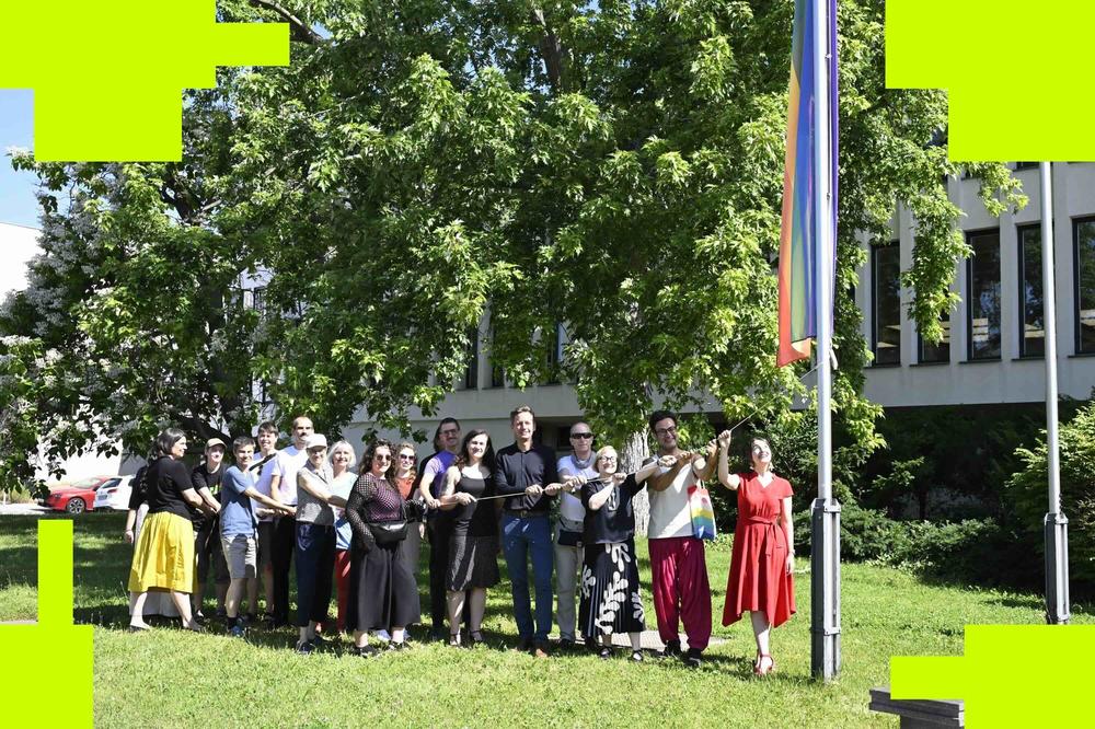Teamwork makes the dream work: The Intersex-Inclusive Progress Pride flag was hoisted in front of the Henry Ford Building last Tuesday.