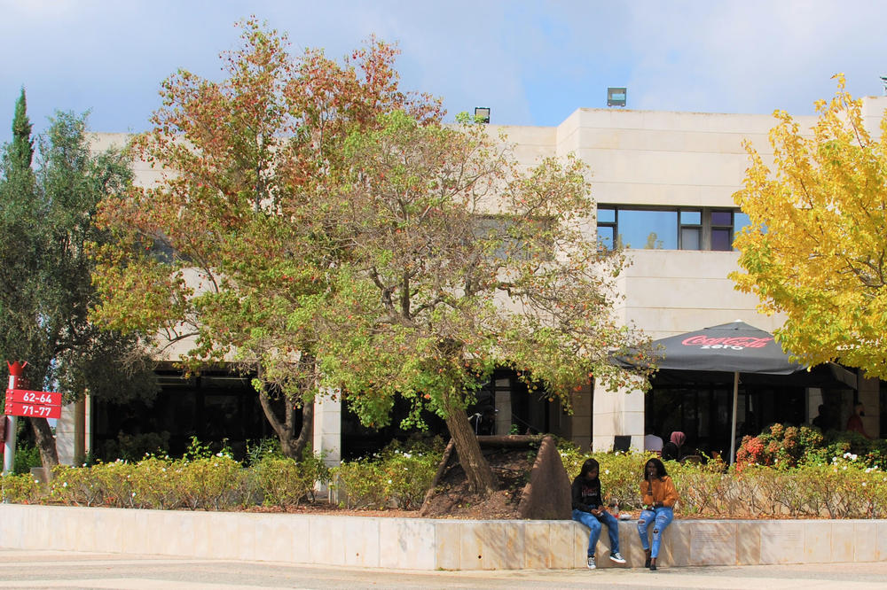 View from the Nancy Reagan Plaza toward the memorial commemorating the attack on the Hebrew University campus in July 2002.