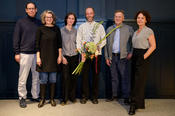 Representatives from the Deutscher Übersetzerfonds and Freie Universität congratulate Visiting Professor Thomas Weiler. Pictured here Jürgen J. Becker, Susanne Strätling, Timea Tankó, Thomas Weiler, Thomas Brovot, Olga Radetzkaja.