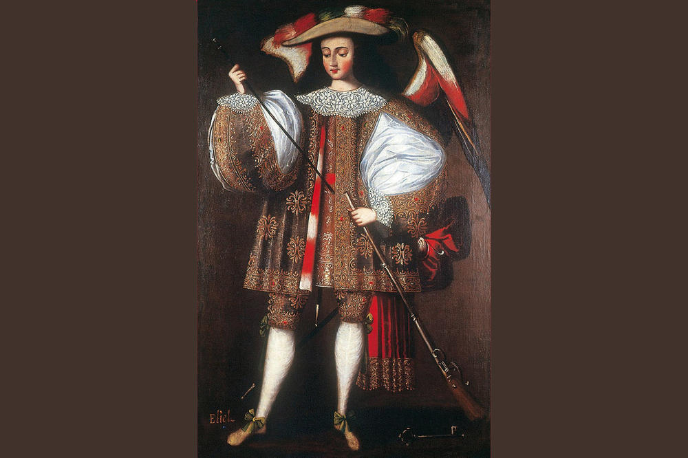 Archangel Eliel with Harquebus. The painting combines Christian and Indigenous symbolism. This depiction of the Christian figure in elegant Spanish artillery officer attire can be read at the same time as part of a visual legitimization.