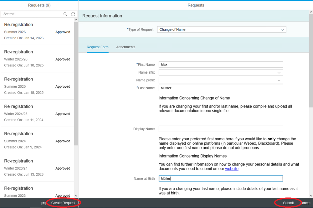 screenshot self-service change of name