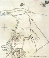 Ruinen-Skizze des Altorientalisten Jules Oppert aus dem 19. Jahrhundert vor Beginn der Ausgrabungen. Die Ruinen sind am Anfang des 20. Jahrhunderts zum Teil freigelegt worden.