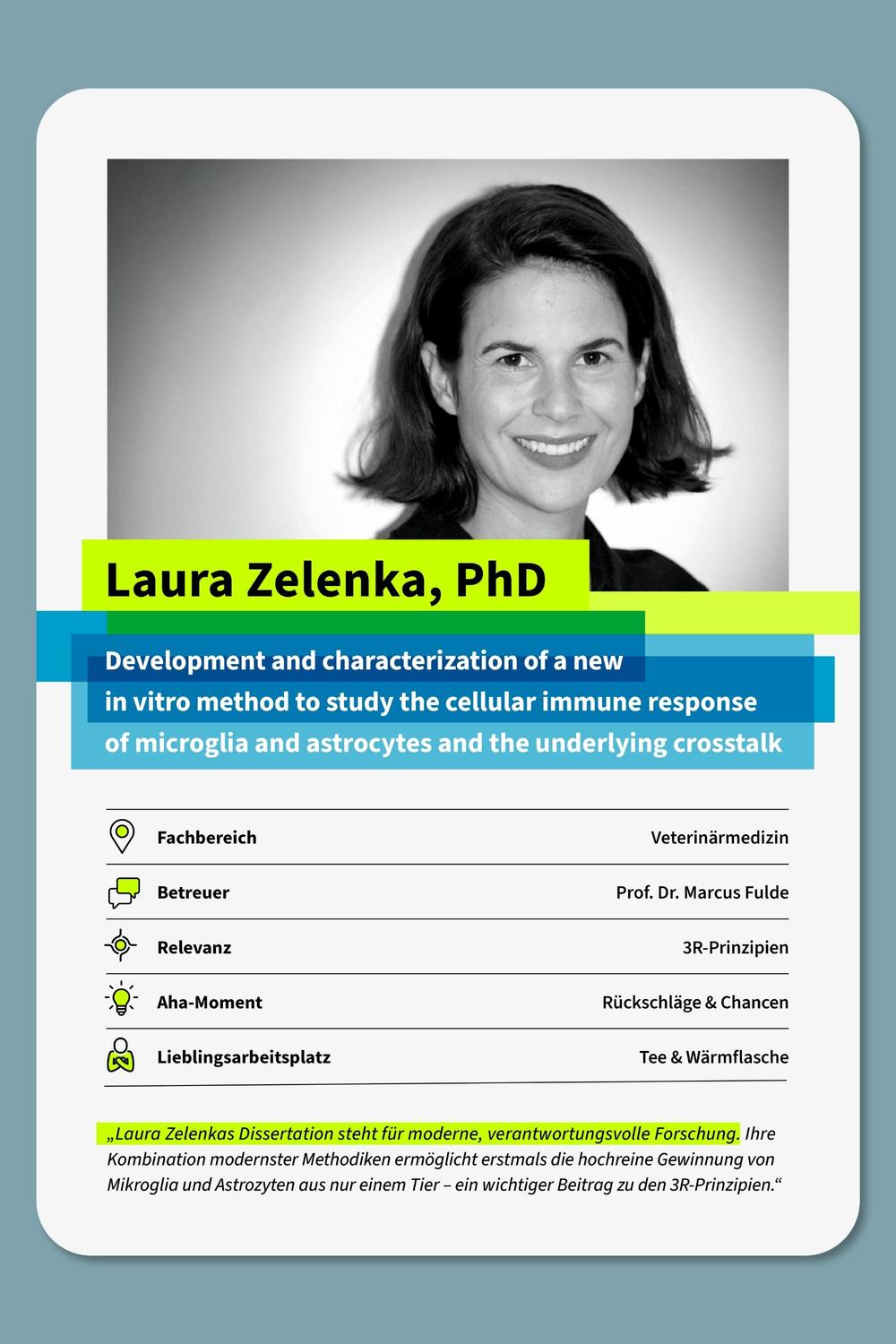 Laura Zelenka wählte die Kategorien Relevanz, Aha-Moment und Lieblingsarbeitsplatz zur stichwortartigen Illustration ihrer Dissertation. Unten auf der Karte finden Sie ein Zitat ihres Betreuers Prof. Dr. Marcus Fulde.