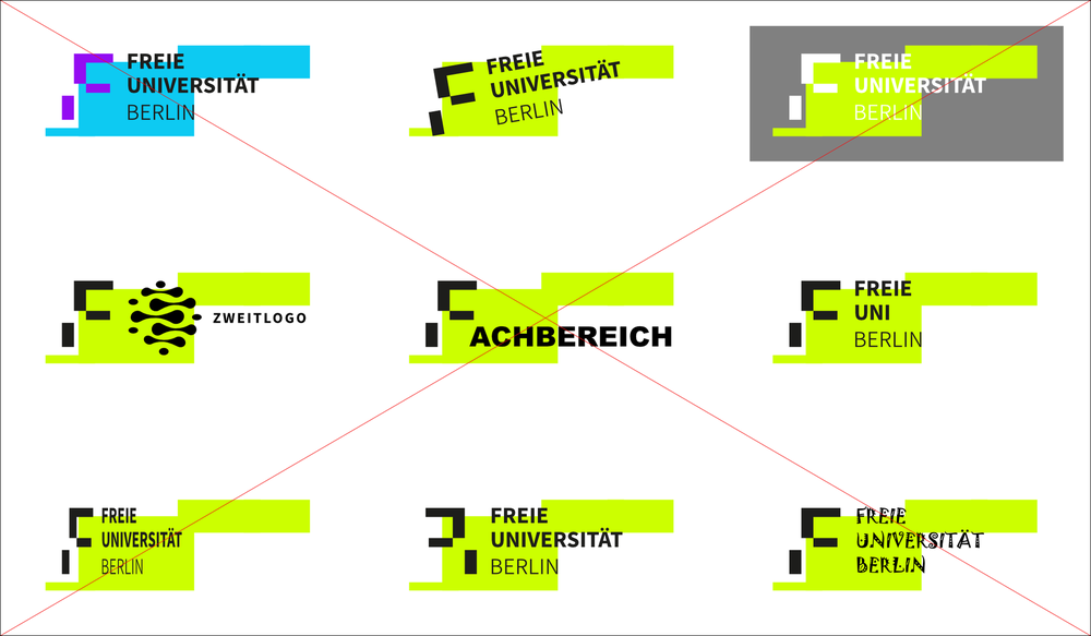 Beispiele unzulässiger Modifikationen des FU-Logos.