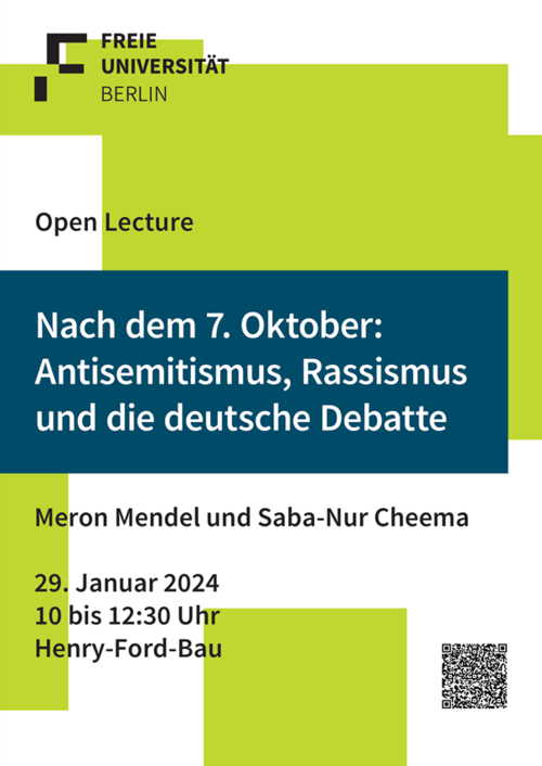 Poster zum Vortrag von Meron Mendel und Saba-Nur Cheema am 29.01.2024 an der FU Berlin