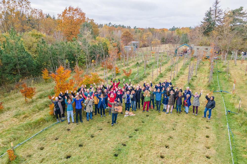Der britische Liedermacher Robert Metcalf (mit Gitarre) setzte zusammen mit einem Chor von Freiwilligen im Berliner Grunewald zwischen rund 800 Rotbuchen ein Zeichen für den Erhalt von Rotbuchenwäldern.