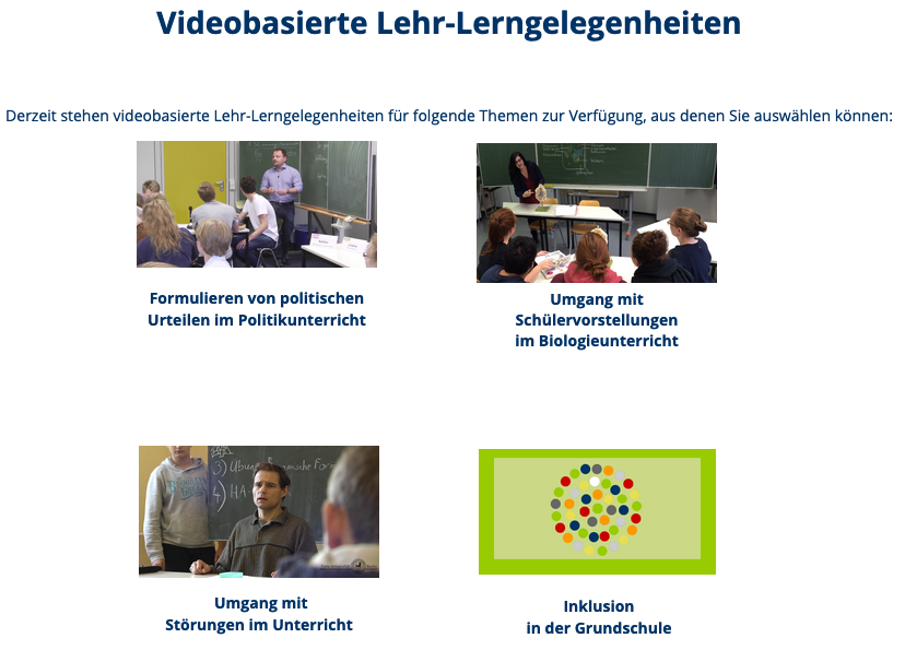 Abb. 2: Die vier Inhaltsfelder des FOCUS Videoportals mit seinen unterschiedlichen Lehr-Lerngelegenheiten (z.B. zu Inklusion und Störungen)