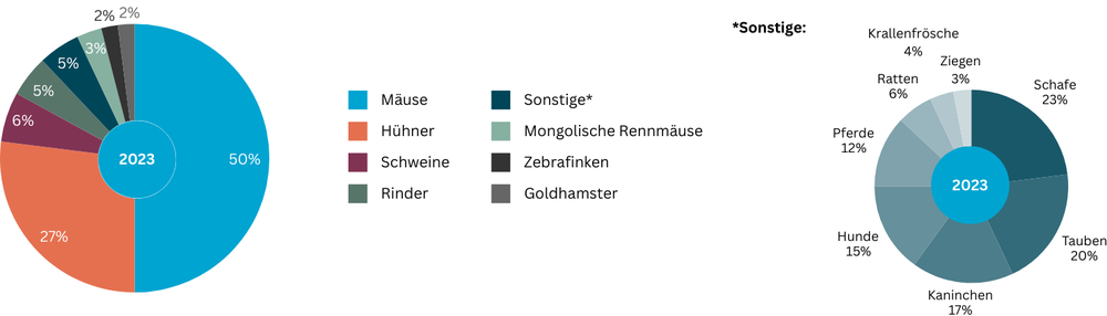 Die Abbildung zeigt die prozentuale Verteilung der 2023 verwendeten Versuchstiere, aufgeschlüsselt nach Tierart: 50% Mäuse, 27% Hühner, 6% Schweine, 5% Rinder, 5% Sonstige, 3% Mongolische Rennmäuse, 2% Zebrafinken und 2% Goldhamster.