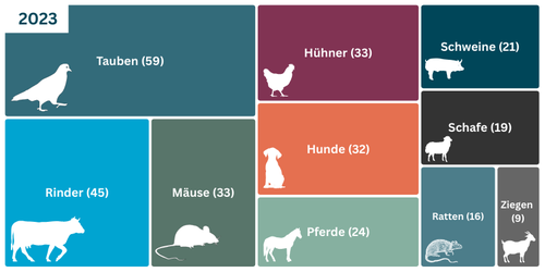 Die Abbildung zeigt die 2023 in der Lehre eingesetzten Tiere: 59 Tauben, 45 Rinder, 33 Mäuse, 33 Hühner, 32 Hunde, 24 Pferde, 21 Schweine, 19 Schafe, 16 Ratten und 9 Ziegen.