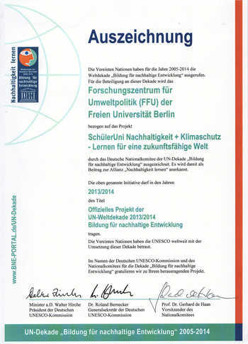 Urkunde UN-Dekade Bildung für nachhaltige Entwicklung 2013/2014