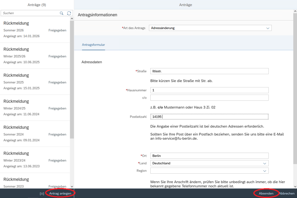 Screenshot Self Service Adressänderung