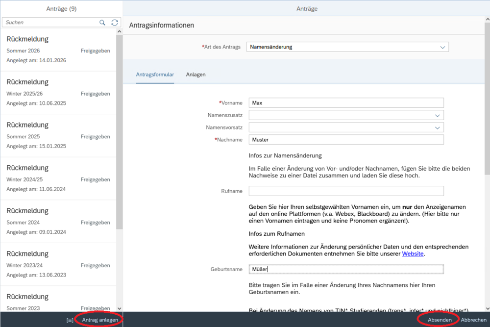 Screenshot Self Service Namensänderung